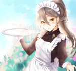  1girl alternate_costume alternate_hairstyle apron black_dress brown_eyes commentary_request dress enmaided grey_hair hair_between_eyes hair_ribbon haruna_(kantai_collection) highres holding holding_tray kantai_collection kyougoku_touya long_hair looking_at_viewer maid maid_apron maid_dress maid_headdress ponytail ribbon smile solo tray upper_body 
