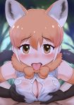  1girl animal_ear_fluff animal_ears bangs black_hair blush bow bowtie breast_squeeze breasts brown_eyes commentary_request elbow_gloves eyebrows_visible_through_hair fur_collar gloves hair_between_eyes highres kemono_friends long_hair looking_at_viewer maned_wolf_(kemono_friends) masuyama_ryou multicolored_hair open_clothes open_mouth open_shirt orange_bow orange_hair orange_neckwear paizuri paizuri_under_clothes partially_unbuttoned pov shirt solo_focus sweat tongue tongue_out white_shirt wolf_ears 