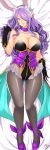  1girl absurdres animal_ears black_gloves breasts bunny_ears camilla_(fire_emblem) cleavage closed_mouth fake_animal_ears fire_emblem fire_emblem_fates fire_emblem_heroes full_body gloves high_heels highres large_breasts long_hair pantyhose purple_eyes purple_hair revolverwing smile solo 