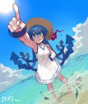  1girl absurdres bangs blue_eyes blue_hair boridongja breasts cloud day dress hand_on_hip hat highres ikamusume index_finger_raised long_hair medium_breasts outdoors partially_submerged pointing sandals sandals_removed shinryaku!_ikamusume signature sky sleeveless sleeveless_dress smile solo standing straw_hat sun sweat tentacle_hair tentacles water white_dress 