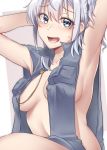  1girl absurdres arms_up bangs blue_eyes blush breast_pocket breasts collared_jacket eyebrows_visible_through_hair grey_jacket highres jacket kantai_collection kiritto large_breasts open_mouth pocket silver_hair simple_background sleeveless solo suzutsuki_(kantai_collection) sweat 