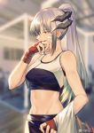  1girl arknights artist_name blurry blurry_background breasts depth_of_field earrings fingerless_gloves gloves highres horns indoors jewelry long_hair medium_breasts midriff navel ponytail red_eyes saria_(arknights) sidelocks silver_hair solo sports_bra stud_earrings sweat tail weibo_username yorukun 