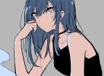  1girl black_dress blue_hair breasts dress highres long_hair looking_at_viewer monsieur original simple_background solo 