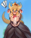  !! 1girl blonde_hair blue_eyes blush bowsette bracelet breasts cleavage collar collarbone dildo dress earrings highres horns jewelry kanel large_breasts long_hair mario_(series) mushroom nervous new_super_mario_bros._u_deluxe open_mouth pointy_ears ponytail solo spiked_armlet spiked_collar spiked_shell spikes super_crown sweat sweatdrop tagme tail 