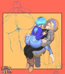  2girls absurdres android_18 aqua_hair ass barefoot blonde_hair blue_eyes bound_ankles breast_grab breasts bulma buttjob cactus64 covered_nipples denim dragon_ball dragon_ball_z erection futa_with_female futanari grabbing grinding groping highres huge_ass huge_breasts imminent_sex jeans low_ponytail mature multiple_girls open_mouth pants penis saliva saliva_trail sitting sitting_on_lap sitting_on_person soles sweater tongue tongue_out uncensored 