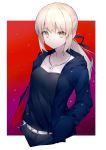  1girl absurdres artoria_pendragon_(all) bangs belt belt_buckle black_ribbon black_shirt breasts buckle cleavage collarbone cropped_legs eyebrows_visible_through_hair fate/stay_night fate_(series) hair_between_eyes hair_ribbon hands_in_pockets highres hood hood_down hooded_jacket jacket jewelry long_hair long_sleeves looking_at_viewer necklace open_clothes open_jacket ponytail purple_background red_background ribbon ryou_(ponpgo) saber_alter shirt silver_hair small_breasts solo white_background white_belt yellow_eyes 