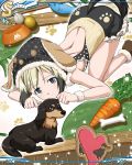  1girl animal_ears artist_request backless_outfit baseball_bat blonde_hair blue_eyes bone brown_footwear carrot closed_mouth dachshund dog dog_tail erica_hartmann eyebrows_visible_through_hair food_bowl heart looking_at_viewer official_art shiny shiny_hair short_hair shoulder_blades solo strike_witches tail top-down_bottom-up world_witches_series wristband 