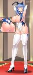  1girl adapted_costume animal_ears armpits arms_behind_head ass azur_lane bangs bare_shoulders between_breasts blue_eyes blue_hair blush breasts bunny_ears bunny_girl bunny_tail bunnysuit cleavage closed_mouth covered_navel crotch_zipper elbow_gloves eyebrows_visible_through_hair fake_animal_ears fake_tail full_body garter_straps gloves hair_between_eyes high_heels highres huge_breasts long_hair looking_at_viewer medium_hair multiple_views necktie purple_eyes saizu_nitou_gunsou sidelocks signature skindentation smile st._louis_(azur_lane) standing strap_pull tail thick_thighs thighhighs thighs white_gloves white_legwear zipper 
