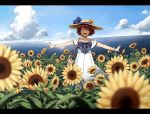  1girl alternate_costume any_(lucky_denver_mint) blue_sky brown_hair closed_eyes cloud commentary_request day dress facing_viewer flower hat horizon kantai_collection ocean outdoors outstretched_arms ribbon short_hair sky smile solo speaking_tube_headset straw_hat sun_hat sundress sunflower water white_dress yukikaze_(kantai_collection) 