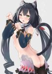  1girl animal_ear_fluff animal_ears ass bangs black_hair black_legwear blue_sleeves blush breasts cat_ears cat_girl cat_tail covered_nipples detached_sleeves eyebrows_visible_through_hair green_eyes heart_pasties highres kyaru_(princess_connect) long_hair long_sleeves looking_at_viewer looking_back low_twintails meme_attire multicolored_hair nude open_mouth pasties paw_pose princess_connect! princess_connect!_re:dive revealing_clothes reverse_bunnysuit reverse_outfit seijun_(seijun01) small_breasts streaked_hair tail twintails very_long_hair white_background 