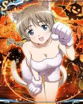  1girl animal_ear_fluff animal_ears artist_request bangs breasts brown_hair cleavage clenched_hand collarbone eyebrows_visible_through_hair jack-o&#039;-lantern looking_at_viewer lynette_bishop official_art open_mouth solo strike_witches world_witches_series 