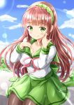  1girl :q bangs blue_sky blush breasts brown_hair brown_legwear cleavage closed_mouth cloud commentary_request day eyebrows_visible_through_hair gochuumon_wa_usagi_desu_ka? green_eyes green_hairband green_sailor_collar green_skirt hairband highres horizon large_breasts long_hair neck_ribbon ocean outdoors pantyhose pink_ribbon pleated_skirt ribbon sailor_collar sitting skirt sky smile solo tongue tongue_out touhoku_zunko ujimatsu_chiya very_long_hair voiceroid water zenon_(for_achieve) 