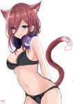  1girl animal_ears black_bra black_panties blue_eyes bra breasts brown_hair cat_ears cat_tail cleavage cowboy_shot eyebrows_visible_through_hair go-toubun_no_hanayome hair_over_one_eye headphones headphones_around_neck highres kemonomimi_mode large_breasts long_hair looking_at_viewer midriff nakano_miku navel noeru_(gt17854) panties signature simple_background solo tail underwear underwear_only white_background 