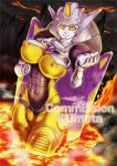  1girl breasts closed_mouth commission decepticon large_breasts mecha molten_rock navel nipples no_humans robot science_fiction smile solo standing thunderblast transformers transformers_cybertron umetarou_(jack_sgt) volcano watermark yellow_eyes 