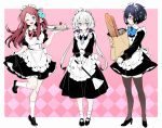  3girls apron bag baguette blue_hair bow bread cake coffee_cup cup da_huang disposable_cup duster food gloves grocery_bag konno_junko maid maid_apron maid_headdress minamoto_sakura mizuno_ai multiple_girls one_eye_closed polka_dot polka_dot_bow red_hair shopping_bag silver_hair thighhighs tray twintails white_gloves zombie_land_saga 