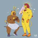  1:1 animal_crossing anthro anthrofied balls blonde_hair body_hair bud_(animal_crossing) chest_hair clothing duo eyewear felid flaccid flirting footwear genitals hair hi_res koruro lion male male/male mammal mane mane_hair mott_(animal_crossing) muscular muscular_male nintendo pantherine penis pubes sandals sunglasses towel video_games 