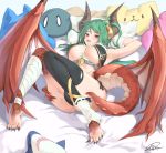  1girl ahoge ass bandaged_leg bandages bangs black_legwear blush breasts dog_pillow dragon_girl dragon_horns dragon_tail fangs fur_trim gem green_hair highres horns large_breasts long_hair looking_at_viewer lying miso_(b7669726) monster_girl on_back open_mouth original pillow red_eyes red_wings scales sharp_toenails single_thighhigh slit_pupils smile solo stuffed_animal stuffed_shark stuffed_toy tail thighhighs toenails wings 