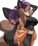  1boy 1girl armpits arms_up bleach blush breasts clothes_around_waist commentary_request covered_nipples dark-skinned_female dark_skin elbow_gloves eyebrows_visible_through_hair faceless faceless_male gloves highres jacket jacket_around_waist large_breasts licking licking_armpit long_hair looking_at_viewer open_mouth ponytail purple_hair sakanaaj1 scarf shihouin_yoruichi simple_background smile steaming_body white_background yellow_eyes 