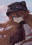  1girl bangs blue_eyes blue_sky close-up closed_mouth cloud commentary evangelion:_3.0_you_can_(not)_redo eyepatch from_behind hair_between_eyes hands_in_pockets hat hat_pin highres jacket long_hair looking_at_viewer looking_back neon_genesis_evangelion orange_hair pins rebuild_of_evangelion red_jacket shikinami_asuka_langley sky solo souryuu_asuka_langley yasu_(segawahiroyasu) 