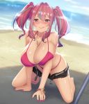  1girl :q azur_lane bangs beach belt between_breasts bikini black_shorts blue_sky blush bracelet breasts bremerton_(azur_lane) cleavage cloud collarbone commentary_request day eyebrows_visible_through_hair grey_hair hair_between_eyes heart heart_necklace highres horizon huge_breasts jewelry long_hair looking_at_viewer micro_shorts mole mole_on_breast mole_under_eye multicolored_hair nail_polish ocean outdoors pink_bikini pink_eyes pink_hair pink_nails sand shiny shiny_skin short_shorts shorts shorts_pull sidelocks sky solo sportswear streaked_hair sweat swimsuit takuroo toenail_polish tongue tongue_out twintails water water_drop white_belt 