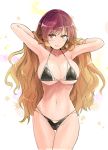  1girl armpits arms_up bangs bare_arms bare_shoulders bikini black_bikini breasts brown_eyes brown_hair commentary_request cowboy_shot eyebrows_visible_through_hair gradient_hair groin halterneck hands_in_hair highres hijiri_byakuren large_breasts long_hair looking_at_viewer multicolored_hair navel purple_hair smile solo standing stomach swimsuit thighs touhou very_long_hair white_background y2 