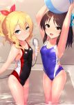  2girls :d arms_up ball bathtub beachball black_swimsuit blonde_hair blue_bow blue_swimsuit bow brown_eyes brown_hair collarbone commentary_request competition_swimsuit cowboy_shot empty_eyes flat_chest green_eyes hair_bow idolmaster idolmaster_cinderella_girls long_hair looking_at_viewer multiple_girls one-piece_swimsuit open_mouth ponytail sakurai_momoka satou_kuuki short_hair shower_head smile standing swimsuit tachibana_arisu wading water wet wet_clothes wet_swimsuit 