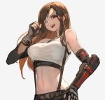  1girl arm_guards bangs bare_shoulders breasts brown_eyes brown_hair commentary earrings elbow_gloves final_fantasy final_fantasy_vii final_fantasy_vii_remake fingerless_gloves fingernails gloves hand_on_hip hand_up highres jewelry lack long_hair medium_breasts midriff navel one_eye_closed open_mouth simple_background smile solo stomach suspenders tank_top tifa_lockhart white_tank_top 
