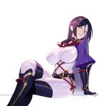  1girl arm_guards bangs black_gloves bodysuit breasts elbow_gloves fate/grand_order fate_(series) fingerless_gloves gloves highres huang_(volt0526) large_breasts long_hair looking_at_viewer minamoto_no_raikou_(fate/grand_order) parted_bangs purple_bodysuit purple_eyes purple_hair ribbed_sleeves rope simple_background sitting smile solo thighs very_long_hair white_background 