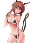  1girl animal_ear_fluff animal_ears bangs bare_arms bare_shoulders bikini black_bikini black_choker bow braid breasts cat_ears choker commentary_request cowboy_shot eyebrows_visible_through_hair grey_bow groin hair_bow hand_up head_tilt highres kaenbyou_rin large_breasts long_hair looking_at_viewer multiple_tails navel nekomata parted_lips pointy_ears red_eyes red_hair simple_background solo standing stomach swimsuit tail thighs touhou twin_braids twintails two_tails white_background y2 