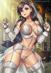  black_hair breasts bride cleavage clenched_hands covered_nipples earrings fighting_stance final_fantasy final_fantasy_vii giovanni_zaccaria jewelry large_breasts long_hair midriff navel open_mouth red_eyes revealing_clothes see-through shiny shiny_skin smile thick_thighs thighhighs thighs tifa_lockhart wide_hips 