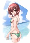  1girl ass bikini blue_sky breasts brown_hair cloud day dutch_angle from_behind gradient_hair green_bikini highres horizon kantai_collection looking_at_viewer minosu multicolored_hair mutsuki_(kantai_collection) ocean open_mouth outdoors pointing red_hair round_teeth short_hair sky small_breasts smile solo swimsuit teeth upper_teeth 