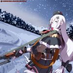  1girl back belt black_gloves capelet circle_a dragunov_svd fingerless_gloves forest girls_frontline gloves gun hair_ornament hairclip hat holding holding_gun holding_weapon long_hair nature pleated_skirt ponytail pouch rifle russian_text silver_eyes skirt smile sniper_rifle snow snowing solo svd_(girls_frontline) very_long_hair weapon white_hair 