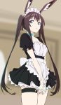  alternate_costume amiya_(arknights) animal_ears apron arknights blue_eyes brown_hair bunny_ears enmaided frilled_apron frills highres kengo maid maid_apron maid_dress maid_headdress puffy_sleeves skirt twintails waist_apron white_apron 