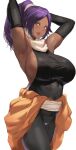  1girl armpits arms_up bleach blush breasts clothes_around_waist commentary_request dark-skinned_female dark_skin elbow_gloves eyebrows_visible_through_hair gloves highres jacket jacket_around_waist large_breasts long_hair looking_at_viewer open_mouth ponytail purple_hair sakanaaj1 scarf shihouin_yoruichi simple_background smile solo white_background yellow_eyes 
