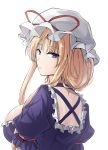  1girl bangs blonde_hair breasts commentary_request dress eyebrows_visible_through_hair frills from_behind hat hat_ribbon highres large_breasts looking_at_viewer looking_back mob_cap parted_lips puffy_short_sleeves puffy_sleeves purple_dress purple_eyes red_ribbon ribbon short_hair short_sleeves sidelocks simple_background solo touhou upper_body white_background white_headwear y2 yakumo_yukari 