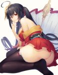  1girl ahoge ass azur_lane bangs bare_shoulders black_hair black_legwear breasts closed_mouth commentary_request crossed_bangs dabuki hair_between_eyes hair_tie highres japanese_clothes kimono long_hair looking_at_viewer mask off-shoulder_kimono off_shoulder pleated_skirt red_eyes red_kimono sideboob skirt smile taihou_(azur_lane) thighhighs thighs twintails very_long_hair 