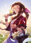  1girl aerith_gainsborough basket bow bracelet braid braided_ponytail closed_eyes cropped_jacket dress final_fantasy final_fantasy_vii final_fantasy_vii_remake flower_basket hair_bow highres jacket jewelry kuroi_susumu petals pink_dress red_jacket smelling_flower smile solo sunlight upper_body 