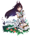  1girl animal_ears black_hair blush breasts dress elbow_gloves flower fox_mask gloves grass kasane_(xenoblade) long_hair looking_at_viewer mask medium_breasts mokki plant red_eyes seiza short_dress simple_background sitting smile solo thighhighs white_background xenoblade_(series) xenoblade_2 