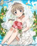  1girl ahoge artist_request blush bouquet breasts brown_hair cleavage dutch_angle flower holding holding_bouquet looking_at_viewer lynette_bishop official_art outdoors solo strike_witches tiara world_witches_series 