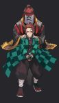  2boys black_background black_jacket black_legwear black_pants blood blood_from_mouth father_and_son full_body hands_on_another&#039;s_shoulder haori highres holding holding_sword holding_weapon jacket japanese_clothes kamado_tanjirou kamado_tanjurou katana kimetsu_no_yaiba looking_at_viewer male_focus military military_jacket military_uniform multiple_boys pants red_hair sawarakajin scar short_hair simple_background spiked_hair sword tabi uniform weapon 