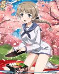  1girl ahoge artist_request braid branch breasts brown_hair lynette_bishop miyafuji_yoshika official_art open_mouth outdoors sailor_collar solo strike_witches white_footwear world_witches_series 