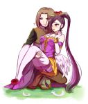  1boy 1girl :d bangs beifunan black_shirt blue_eyes blush bracelet breasts brown_hair brown_vest carrying divine_bustier_(dq) dragon_quest dragon_quest_xi elbow_gloves feathers flower gloves hair_flower hair_ornament hair_over_one_eye hero_(dq11) highres jewelry large_breasts long_hair martina_(dq11) one_eye_closed open_mouth parted_bangs princess_carry purple_eyes purple_shirt shirt skirt smile squatting thighhighs very_long_hair vest white_gloves white_legwear yellow_skirt 