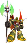  1boy armor axe blue_eyes eagle_helmet gem highres holding holding_weapon looking_down official_art rockman_x_dive shoulder_spikes spikes steel_massimo symbol weapon wings 
