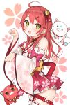  1girl 35p_(miko_channel) ahoge bell cat cherry_blossom_print detached_sleeves floral_print green_eyes hair_bell hair_ornament hairclip highres hololive idemitsu kintoki_(miko_channel) leg_garter open_mouth paw_pose pink_cat pink_hair sakura_miko virtual_youtuber white_cat x_hair_ornament 