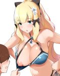  1boy 1girl akire_zz aqua_bikini bangs bare_shoulders bikini bikini_pull black_bikini black_bow blonde_hair blue_eyes blush bow breasts collarbone elf flower hair_bow hair_flower hair_ornament hands_on_hips large_breasts layered_bikini leaning_forward long_hair navel nipples one_breast_out open_mouth pointy_ears ponytail princess_connect! princess_connect!_re:dive sasaki_saren sidelocks simple_background swimsuit 