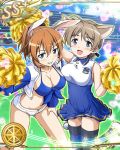  2girls animal_ears artist_request breasts brown_hair character_request cleavage eyebrows_visible_through_hair hair_between_eyes holding holding_pom_poms looking_at_viewer multiple_girls navel official_art open_mouth pom_poms short_hair strike_witches striped teeth world_witches_series 