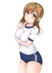  1girl blue_buruma breasts brown_hair buruma collarbone commentary_request cowboy_shot gym_uniform highres hino_minato_(spec.c) kunikida_hanamaru long_hair looking_at_viewer love_live! love_live!_sunshine!! medium_breasts open_mouth shirt simple_background solo t-shirt white_background white_shirt yellow_eyes 