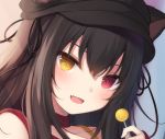  1girl :d amashiro_natsuki animal_ears bangs bare_shoulders black_hair black_headwear black_ribbon brown_eyes cabbie_hat candy cat_ears choker commentary_request ears_through_headwear eyebrows_visible_through_hair fang food hair_between_eyes hand_up hat heterochromia holding holding_food holding_lollipop lollipop long_hair looking_at_viewer open_mouth original portrait red_choker red_eyes ribbon smile solo yellow_eyes 