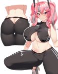  1girl alternate_costume ass ass_cutout azur_lane bangs black_pants black_sports_bra blush brand_name_imitation breasts bremerton_(azur_lane) commentary_request cosplay crossed_bangs from_behind grey_hair hair_ornament highres impossible_clothes kneeling kuavera large_breasts looking_at_viewer marblehead_(azur_lane) marblehead_(azur_lane)_(cosplay) marblehead_(boxing_girl!)_(azur_lane) midriff mole mole_under_eye multicolored_hair multiple_views navel pants skindentation smile standing stomach streaked_hair sweat thigh_gap twintails two-tone_hair underboob_cutout 