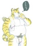  2020 anthro balls belly felid flaccid genitals hi_res humanoid_genitalia humanoid_hands humanoid_penis japanese_text kemono male mammal moobs nico26b nipples overweight overweight_male pantherine penis pubes simple_background solo text tiger white_background 